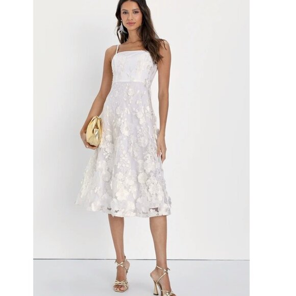 Lulu's Glamour Garden White 3D Floral Embroidered Midi Dress Size Tag Missing - Picture 12 of 12